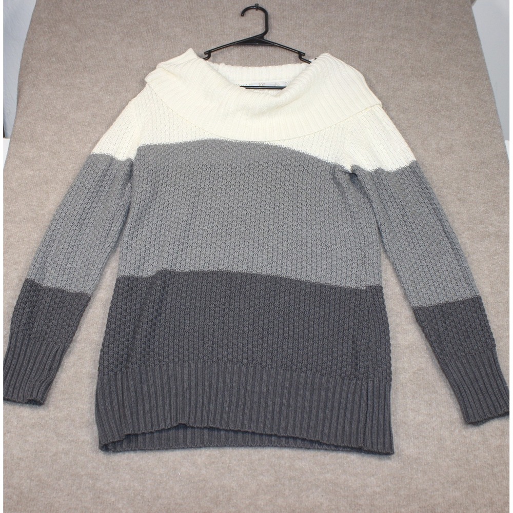 Khakis & Co Womens PM Colorblock Cowl Neck Sweater Gray Cream Knit Pullover